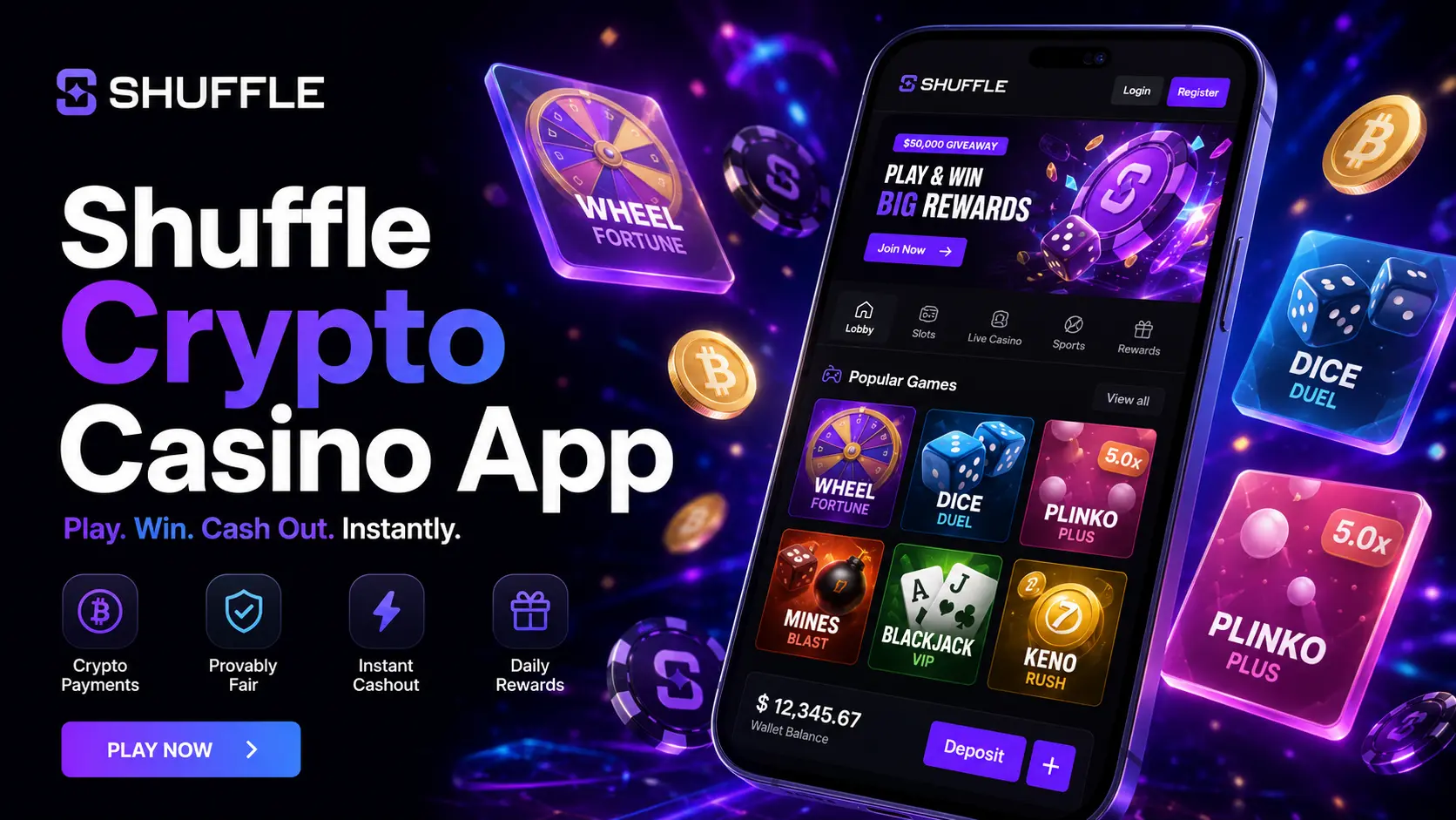 Shuffle crypto casino shown on a smartphone with the mobile lobby, popular games and wallet balance