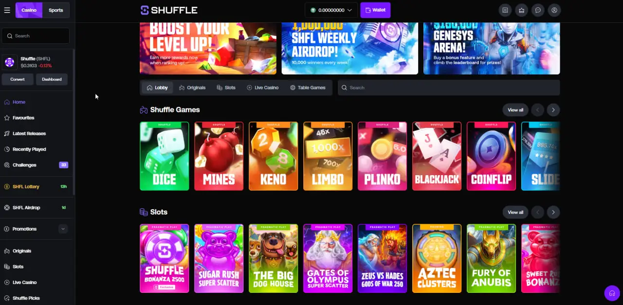 Shuffle casino lobby showing Shuffle original games such as Dice, Mines, Keno, Limbo and Plinko alongside slot titles