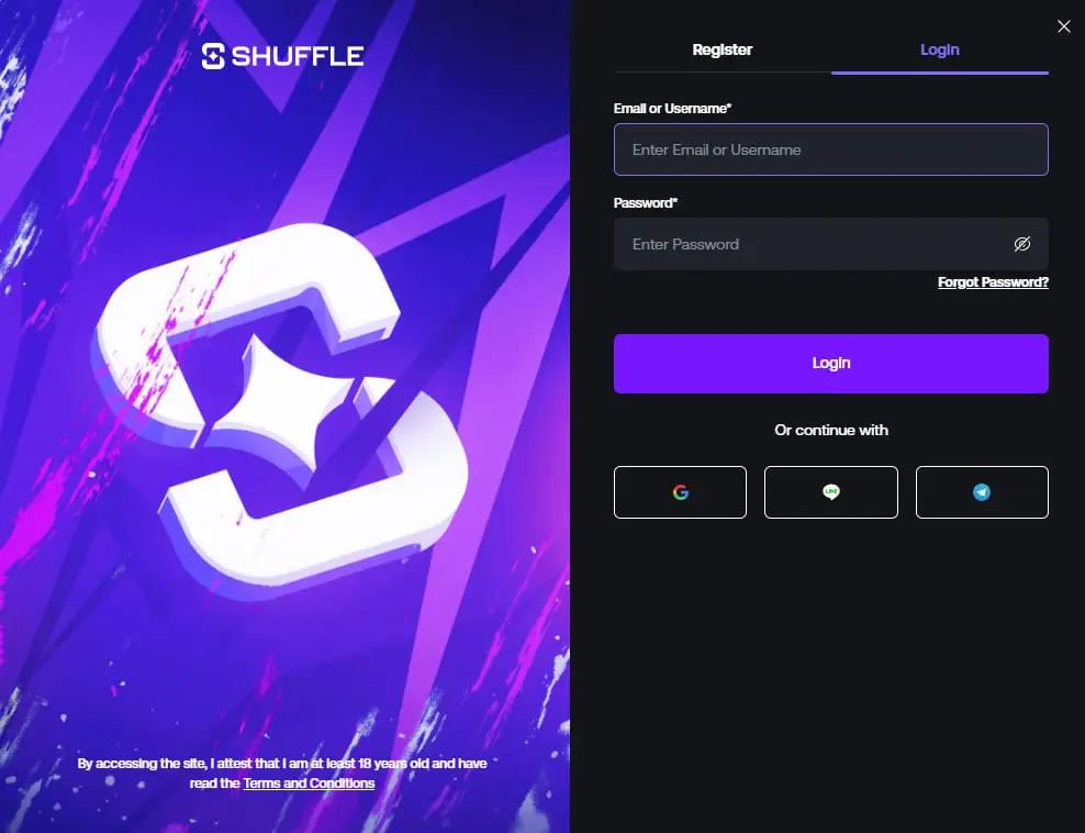 Shuffle login overlay with Register and Login tabs, email or username field, password field and Google, LINE and Telegram sign-in buttons