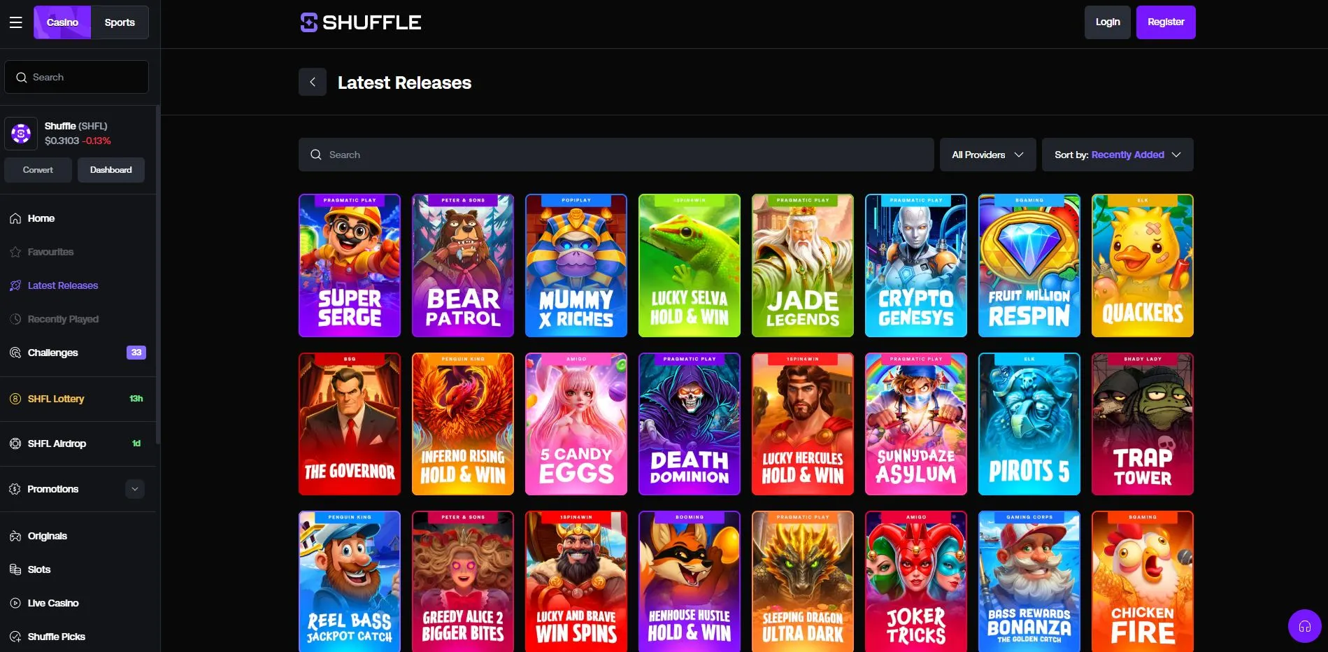 Shuffle casino Latest Releases page showing a grid of new slot titles from providers including Pragmatic Play, ELK and BGaming