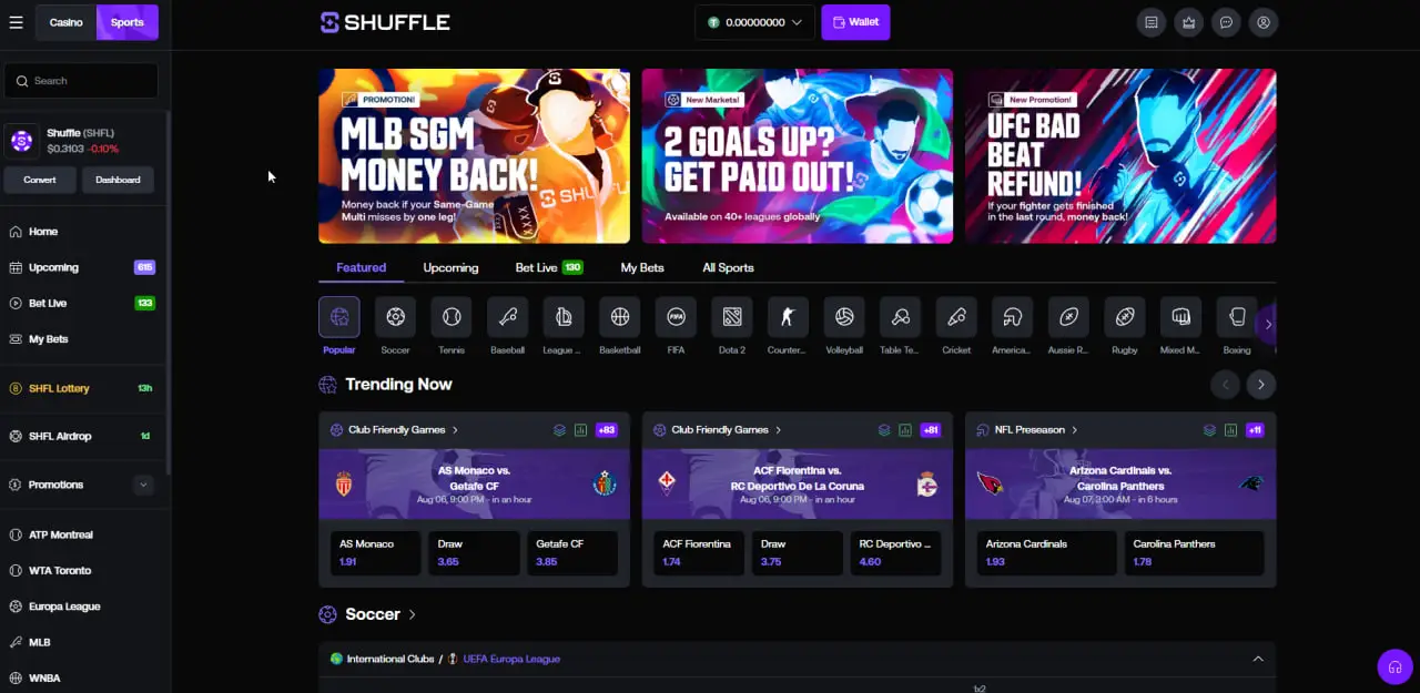 Shuffle Sports lobby showing featured promotions, sport filters and trending fixtures with decimal odds